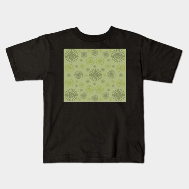 Gently on the Green. A tranquil design featuring wagon wheels in soft olive and mossy green tones. Kids T-Shirt by innerspectrum